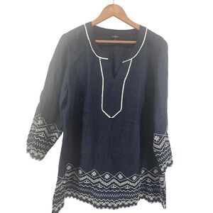 Talbots 1X Navy Linen Blend Tunic Top Embroidered Travel Resort Cruise